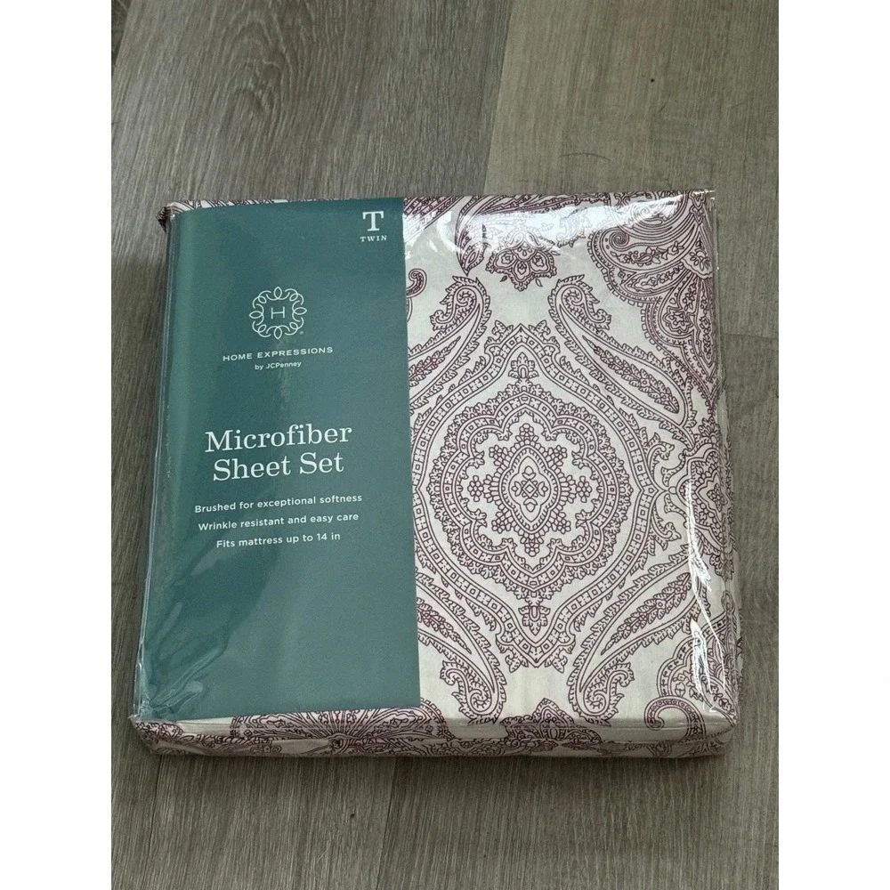 Home Expressions‎ JCPenney Twin Microfiber Sheet Set Paisley Burgundy White NEW